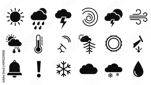 Vector icon sheet depicting various weather conditions and symbols