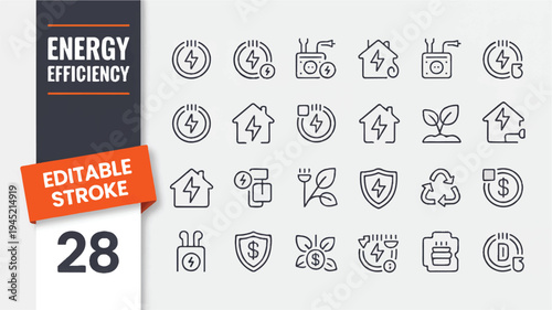 Energy Efficiency Icons A Comprehensive Set of Minimalist Line Graphics Representing Sustainable Practices and Resources