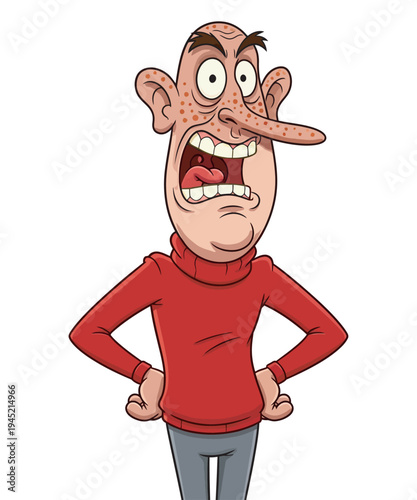 Angry man cartoon face with exaggerated features screaming loudly