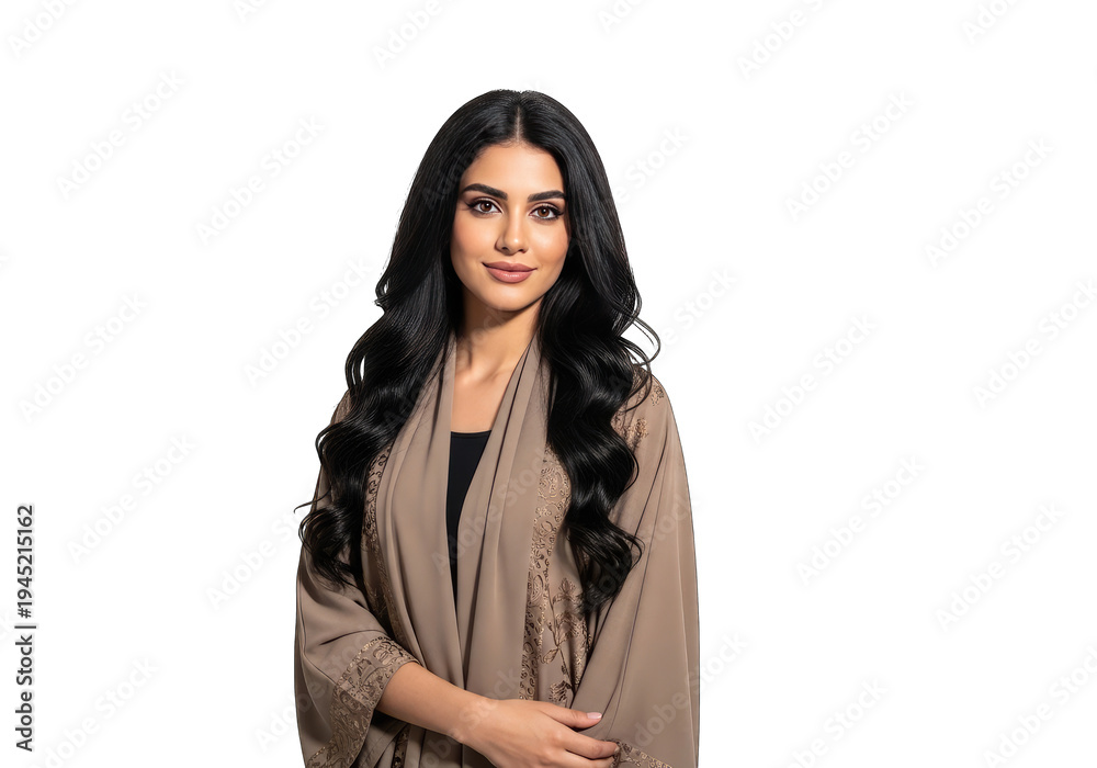 Naklejka premium Young South Asian woman in beige saree shawl smiling confidently isolated on transparent background