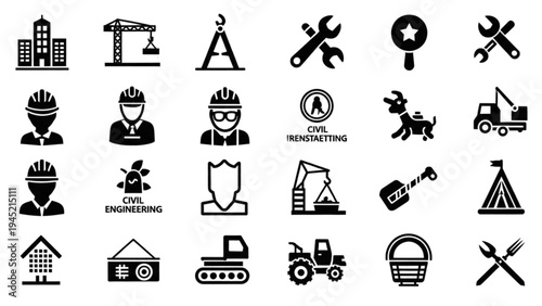 Construction Vector Icon Sheet Featuring Various Industry Tools and Equipment