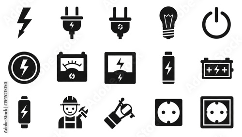 Vector Icon Sheet of Electrical Symbols and Tools on a White Background