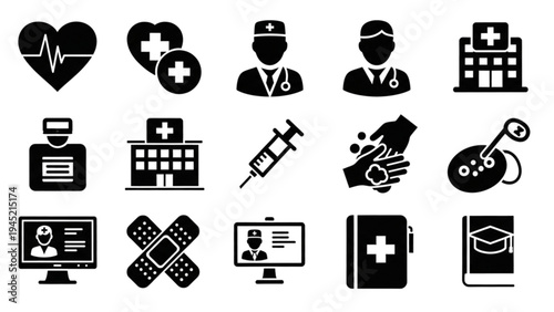 Vector icon sheet depicting medical professionals and healthcare services