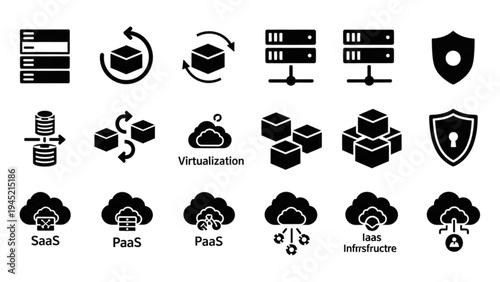 Vector icon sheet illustrating various cloud computing services and security concepts