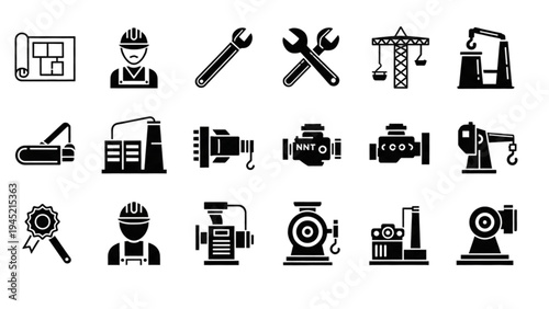 Industrial Vector Icon Sheet Featuring Machinery and Workers in Factories
