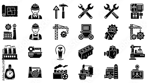 Vector Icon Sheet of Industrial Construction Tools and Equipment