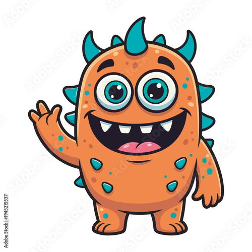 Cute orange cartoon monster with big eyes and blue spikes, friendly character