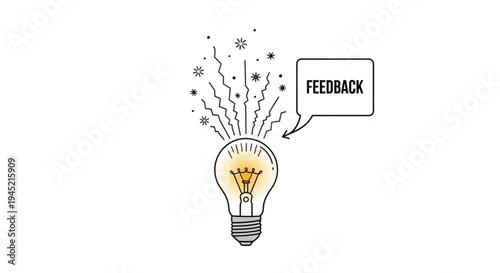 Lightbulb with feedback speech bubble and creative sparks symbolizing innovative ideas and inspiration