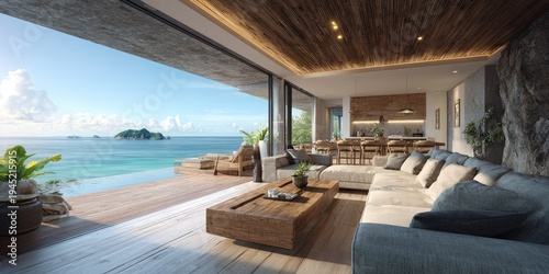Luxurious living space opens to stunning ocean view and infinity pool