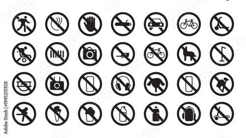 A collection of prohibition and restriction signs, common symbols indicating what is not allowed in public spaces