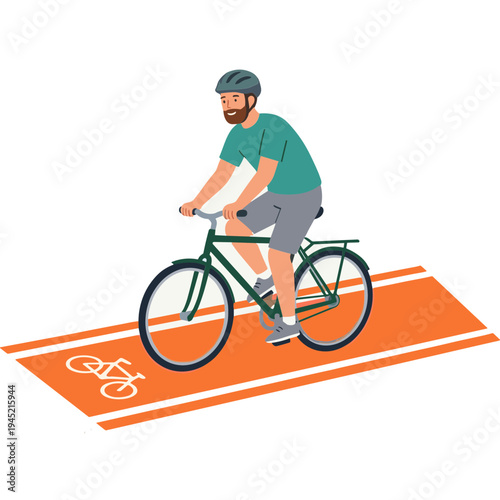 Man riding bicycle on bike lane path with white lines and symbol