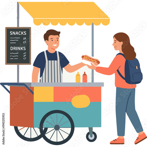 Woman buys hot dog from vendor at outdoor food cart on street