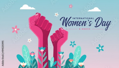 Vibrant illustration of pink tulips with International Women's Day text, soft lighting, and uplifting mood for global celebrations.