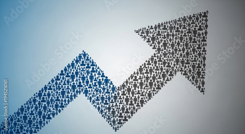 Business growth concept with blue and black arrow mosaic on gradient background