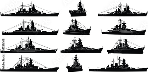 Battleship silhouette illustration set, twelve unique naval warship designs, military history collection, ship identification artwork, maritime architecture comparison