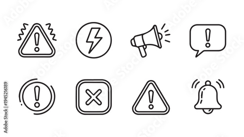 Set of eight simple black and white line icons representing warning, alert, and notification symbols