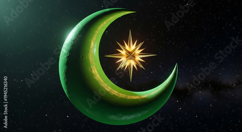 Islamic Crescent Moon with Star in Deep Space Galaxy Background