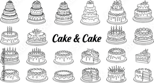 Black and white cake illustration set, 24 unique tiered designs with decorations, fruits, candles, icing patterns, bakery menu inspiration