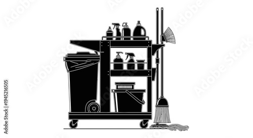Cleaning Cart with Supplies, Mop, and Broom - Black and White Illustration