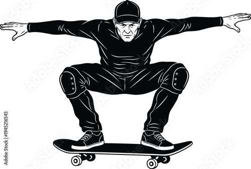 Black and white vector illustration of a determined male skateboarder performing a crouched balance trick on a skateboard with pads.