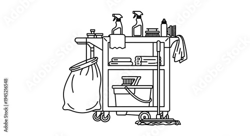 Cleaning cart with supplies, mop, bucket, and trash bag, housekeeping service, janitorial equipment