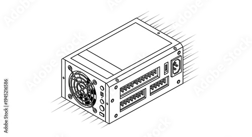 Computer Power Supply Unit with Fan and Connectors - Isolated View