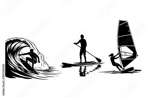 Water Sports Set Surfer Paddleboarder Windsurfer Collection Coastal Lifestyle Action Black Vector Silhouette