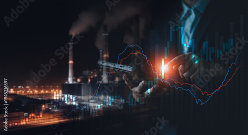 Professional monitoring power plant energy production via digital tablet. industrial smokestacks and financial charts. energy crisis, electricity price spikes, impacts on global utility markets.