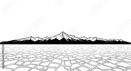 Cracked Earth Landscape with Mountain Range Silhouette