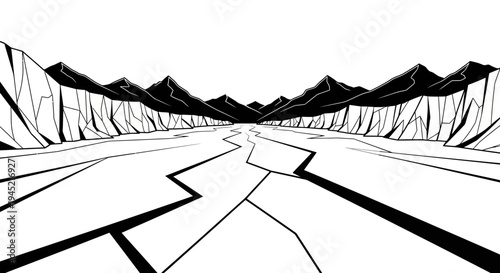 Cracked Ice River Landscape with Mountains, Black and White, Graphic Style