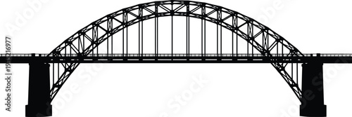 Black silhouette arch bridge cad drawing flat vector illustration of an iron steel truss structure over water on white background.