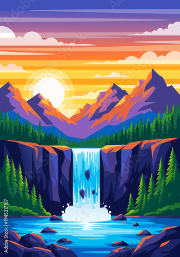Stunning Mountain Waterfall Sunset Vector Illustration Featuring a Vibrant Sky and Lush Greenery
