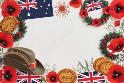 ANZAC Day flat lay: Australian flag, rising sun badge, military hat, poppies, wreath, biscuits on white.