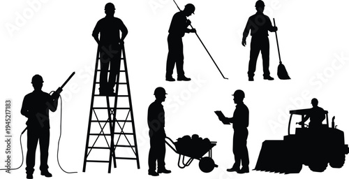 Black silhouette collection of construction and maintenance workers including builder on ladder cleaner with broom and laborer with wheelbarrow isolated