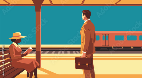 Vintage Train Station Illustration A Stylish Vector Scene of People Waiting on the Platform