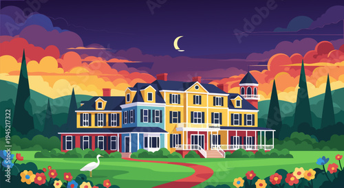 Vibrant vector illustration of a charming, multi-colored mansion nestled amidst a picturesque landscape under a twilight sky with a crescent moon