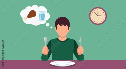 Man thinking about food and drink while sitting at a table, vector illustration with a clock
