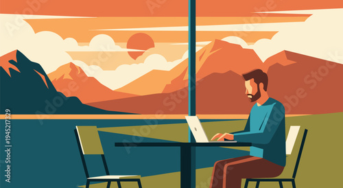 Man working on laptop at a table in front of a scenic mountain landscape with a sunset, digital vector illustration