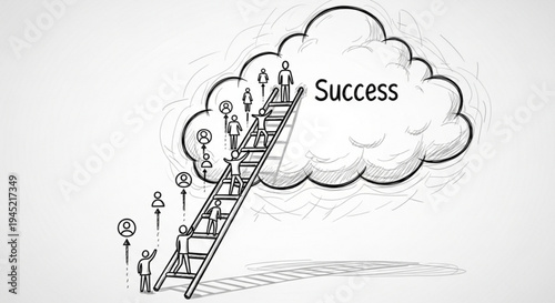 People climbing ladder to success cloud with motivation and goals
