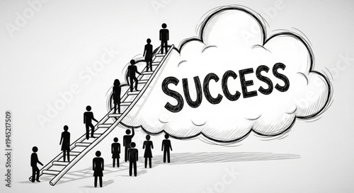 People climbing ladder to success cloud achieving goals and motivation