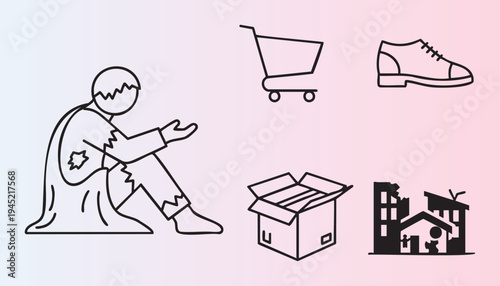 Cartoon icons depicting poverty and homelessness with shopping and housing symbols in illustration format