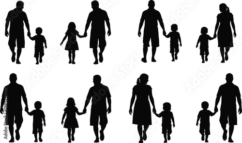 Black silhouette set of father and mother walking holding hands with child cad drawing flat vector illustration for family concept.