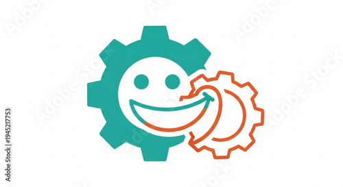 Smiling gear icon with happy face and rotating orange cogwheel on white background for business concepts