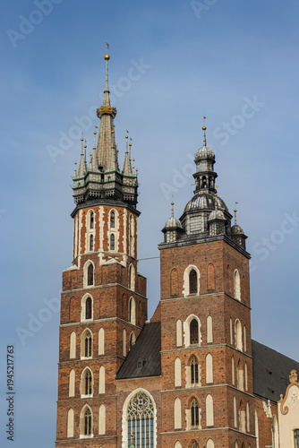 Two Gothic towers of St. Mary's Basilica in Krakow