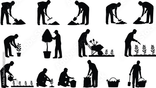 Black silhouette set of male gardener working with shovel rake wheelbarrow watering can planting trees and harvesting vegetables in garden.