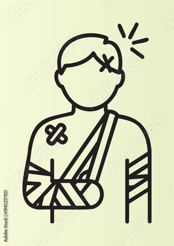 Cartoon illustration of injured person with bandaged arm and sling showing pain expression