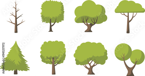 Set of eight stylized trees including bare branches, deciduous, and evergreen types on a white background