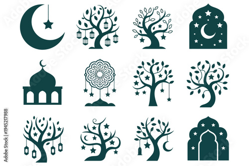 Assortment of decorative islamic design elements including hanging lanterns trees with stars crescent moon and mosque silhouettes for holiday theme