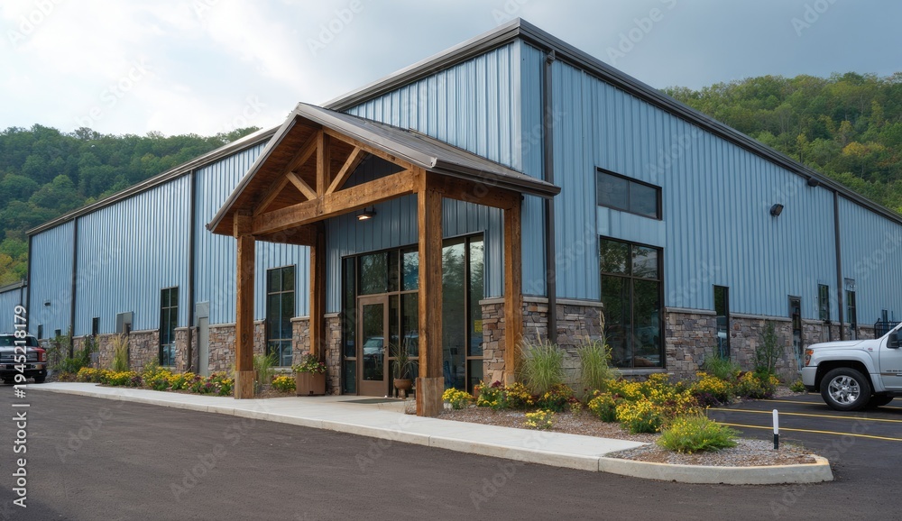 Obraz premium Modern blue industrial building with rustic stone accents and natural landscape