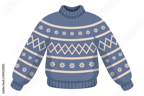 Blue winter sweater with fair isle pattern and snowflake motif for cold weather and cozy holiday season on transparent background
